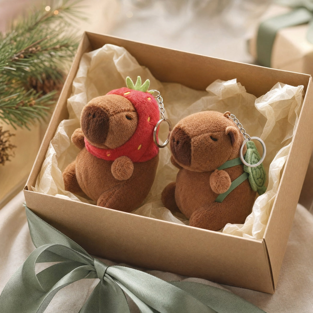 Two capybara charms in a kraft gift box