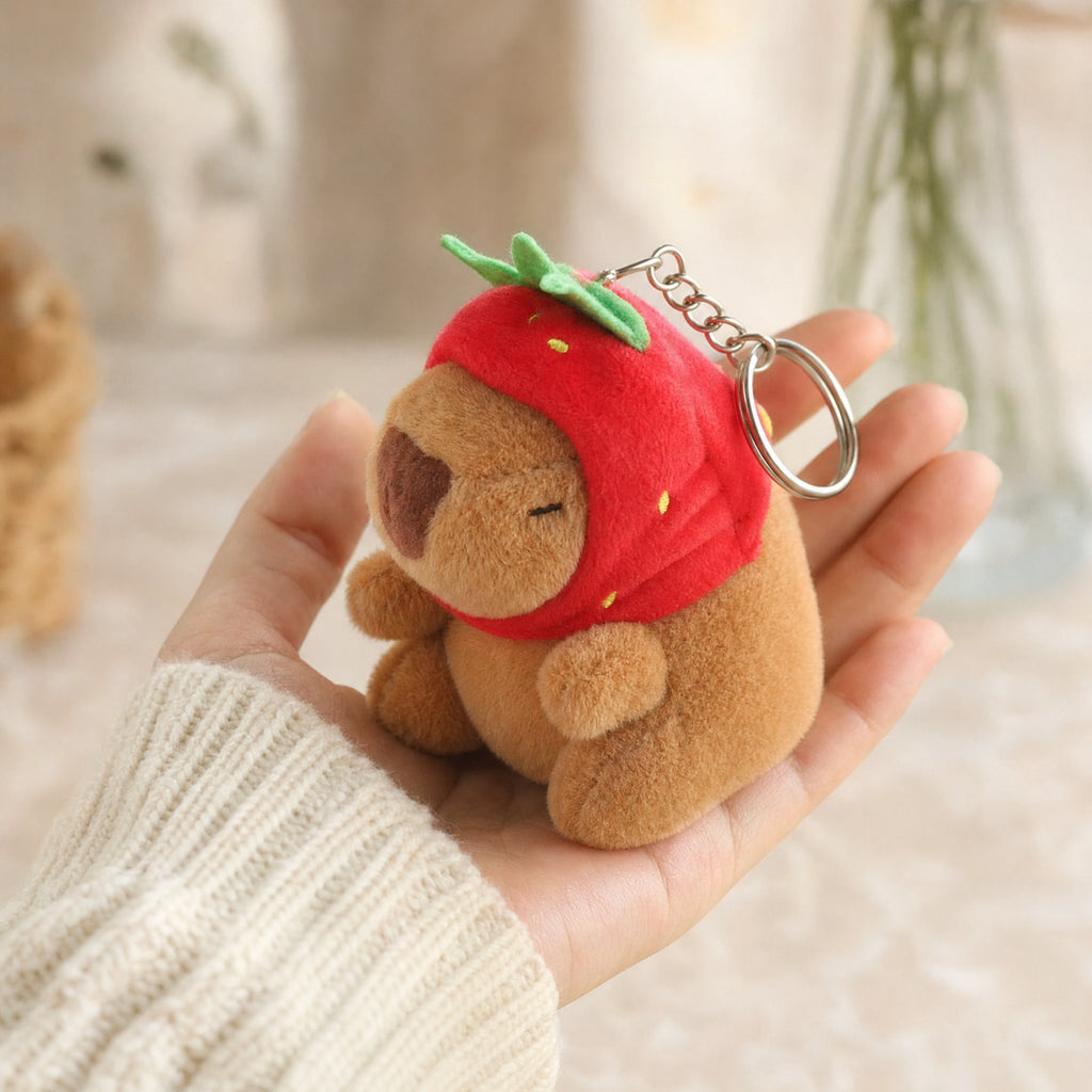 Capybara bag charm held in a hand to show its size