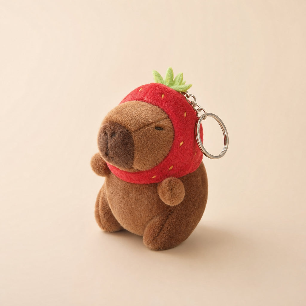 Capybara bag charm, Strawberry Hat, Chocolate