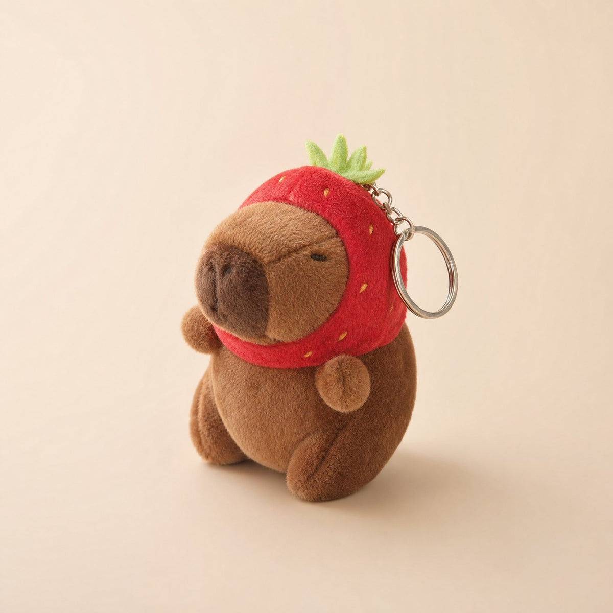 Capybara bag charm, Strawberry Hat, Chocolate
