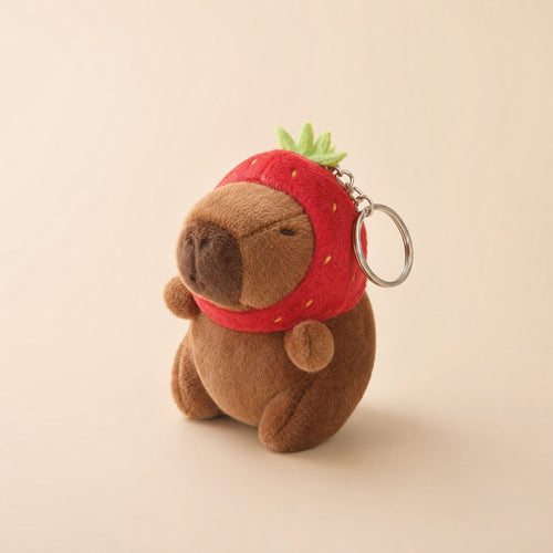 Capybara bag charm, Strawberry Hat, Chocolate