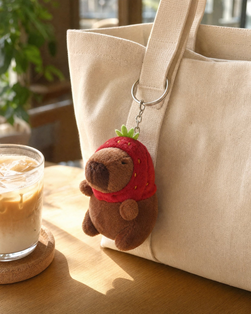 Capybara charm clipped to a canvas tote handle