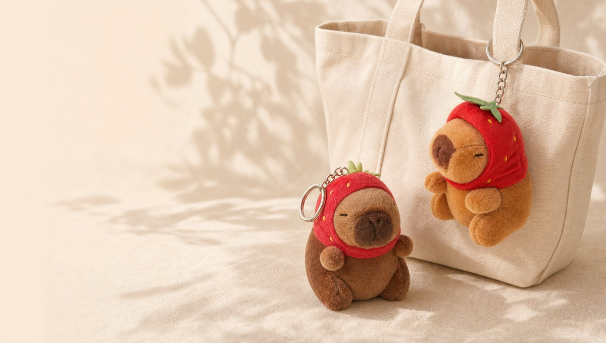 Capybara bag charms with a canvas tote